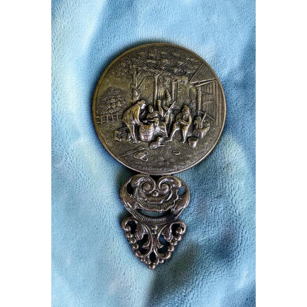 Vintage Hans Jensen Style Repousse Hand Mirror Dutch Tavern Scene Silver Plate